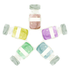 小瓶に入って並んだワクチン手描き水彩風イラスト