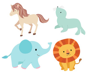Four common animals in the circus, horses, elephants, lions and seals