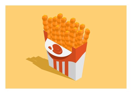 Curly french fries with tomato sauce in a paper container. Simple flat illustration in isometric view.