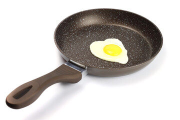 fried egg in a non-stick frying pan isolated on white