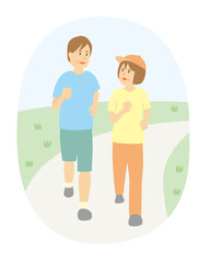 シニアのウォーキング、男女のイラストセット