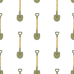 Seamless pattern with garden shovels, spades, scoops. Vector backgrounds and textures with tools for working on the farm, in dacha, country site in flat doodle style. Hand drawn isolated illustration