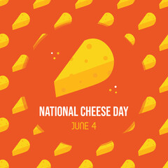National Cheese Day greeting card, illustration with cute cartoon style cheese chunks seamless pattern background. June 4.
