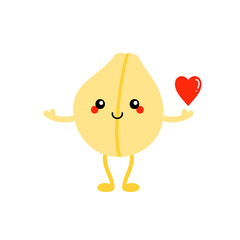 Cute cartoon style smiling chickpea, chick pea seed character holding in hand red heart. Love and appreciation concept.
