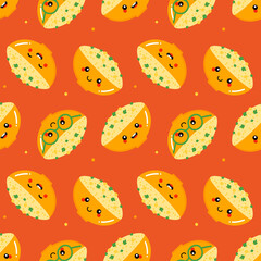 Fototapeta premium Cute and smiling cartoon style bowl of hummus characters, traditional Middle East dish vector seamless pattern background. 
