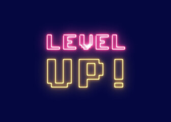 The neon squared words Level up, glowing on a screen. 8-bit retro style, vaporwave vibes.
