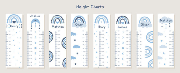 Big Vector Set of kids height charts with abstract boho rainbows and clouds in pastel blue colors. Meter wall with trendy design. Children growth chart. Bohemian elements for nursery with boy names.