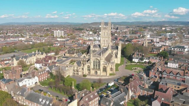 Aerial drone shot of Gloucester Cathedral and city, England