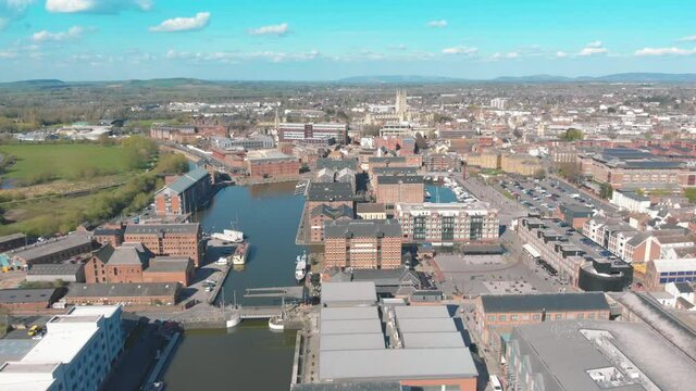 Aerial drone shot of Gloucester Quays in Gloucester, UK