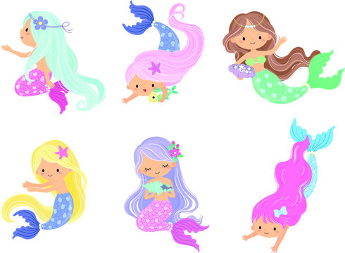 Six different actions of a mermaid, swimming, reaching out, holding things, etc.
