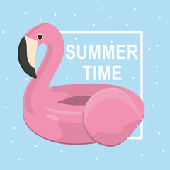 Inflatable swimming circle-flamingo for relaxing in the sea or pool. Frame with text, postcard with summer design.EPS 10.