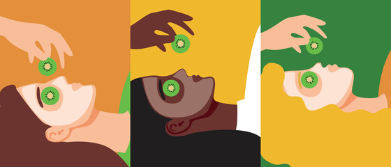 Women with organic cosmetic mask, flat vector illustration with homemade cosmetic product for different skin care