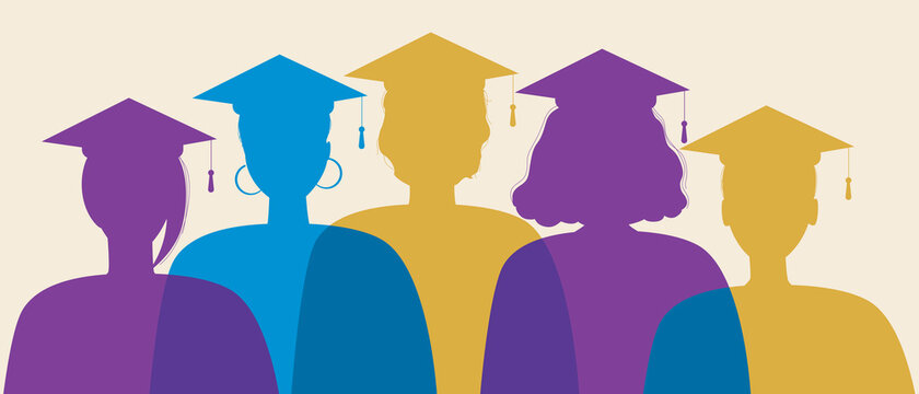 Silhouette of graduates isolated, flat stock illustration with young graduates in square academic caps as a symbol of science, higher education concept