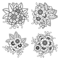 Fototapeta premium Set of Mehndi flower for henna, mehndi, tattoo, decoration. decorative ornament in ethnic oriental style. doodle ornament. outline hand draw illustration. coloring book page.