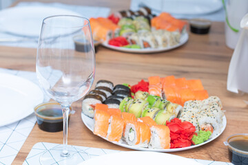 Sushi set and wine glass