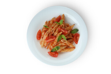 Plate with pasta with tomato sauce isolated on white background