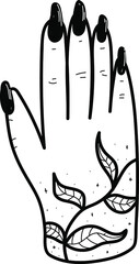Doodle tattooed hand with black nails on an isolated background. Sketch for a tattoo vector illustration.