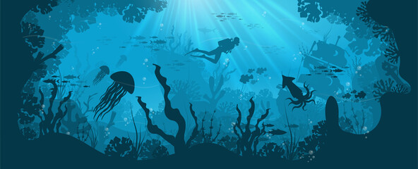 Fototapeta na wymiar Silhouette of coral reef with fish and scuba diver on a blue sea background. Underwater marine wildlife. Nature vector illustration.