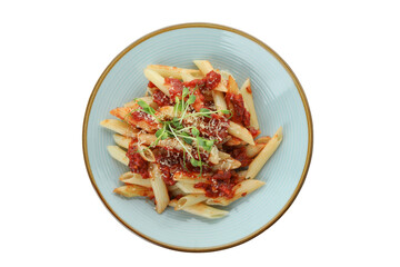 Plate with pasta with tomato sauce isolated on white background