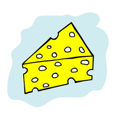 Cheese doodle. Vector cheese with a black line. Simple food and cooking illustration in doodle style on a white isolated background hand drawn. Isolated element for recipe book, market or store