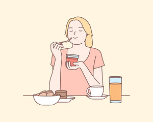 Beautiful girl is tasting food and drink. Hand drawn style vector design illustrations.