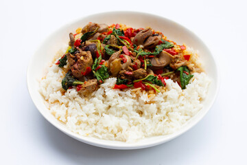 Rice topped with stir fried chicken liver with holy basil