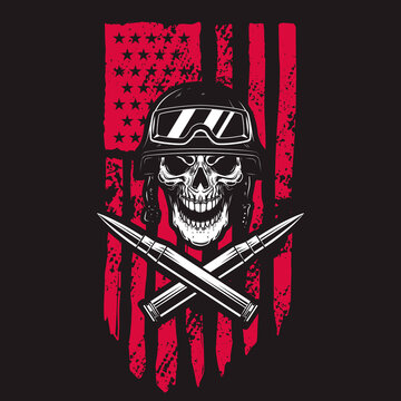 Illustration of soldier skull on american flag background. Design element for poster, card, banner, t shirt. Vector illustration