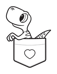 Vector black line baby dinosaur in breast pocket T-Shirt. Isolated on white background