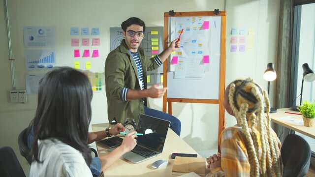 Meeting of UX developer and UI designer brainstorming about mobile app interface workflow design on table with coworker breif and color code at co-working space.Creative digital development agency.