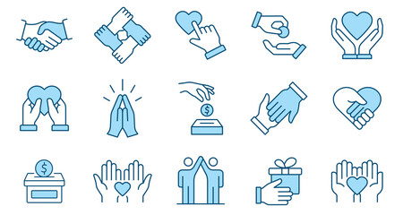 Charity line icon set. Collection of agreement, cooperation, hope and more. Vector illustration. Editable stroke.