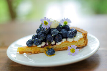 Slices of delicious no baked cheesecake with fresh blueberry