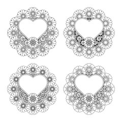 Set of Mehndi flower for henna, mehndi, tattoo, decoration. decorative ornament in ethnic oriental style. doodle ornament. outline hand draw illustration. coloring book page.