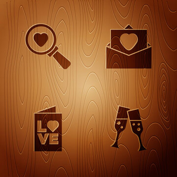 Set Glass Of Champagne, Search Heart And Love, Valentines Day Party Flyer And Envelope With On Wooden Background. Vector