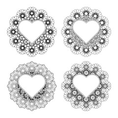 Set of Mehndi flower for henna, mehndi, tattoo, decoration. decorative ornament in ethnic oriental style. doodle ornament. outline hand draw illustration. coloring book page.