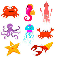A set of cartoon sea animals. Jellyfish, squid, hermit crab, crab, seahorse, starfish, octopus. vector illustration isolated on a white background