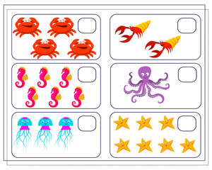 Naklejka premium Math game for kids count how many of them there are. crab, crayfish, octopus, seahorse, starfish. Vector illustration isolated on a white background
