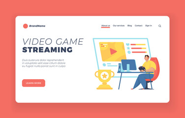 Video game landing page website banner template. E-sport gamer streaming online game walkthrough. Male cartoon character holding game controller and playing on modern pc sitting in chair