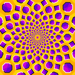 Yellow and purple background with octagons and squares. Spin illusion.