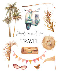 Time to travel illustration. Watercolor summer vacation set. Isolated recreation items isolated on white background: scooter, palm trees, garland, hat, sunglasses - 429153582