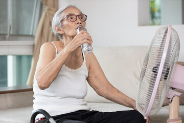 Old elderly woman drinking a bottle of water,keeping body water balance,drink a lot of water to prevent dehydration in heat hot summer weather while stay at home,prevention of heat stroke,health care. - obrazy, fototapety, plakaty