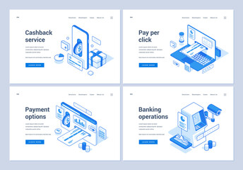 Set of blue and white vector illustrations of web banners representing various convenient online operations with money in modern world. 3D isometric web banners, landing page templates