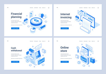 Set of blue and white vector illustrations of web banners advertising assorted electronic money and cash operations in modern world. 3D isometric web banners, landing page templates