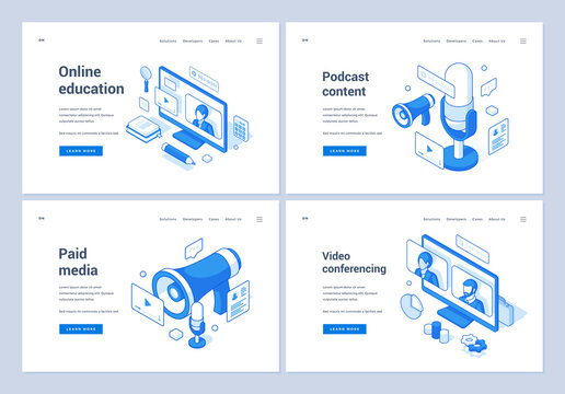 Set of blue and white vector illustrations of web banners advertising assorted paid media and contemporary services in global Internet. 3D isometric web banners, landing page templates