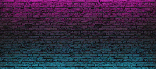 Plakat empty brick wall with blue and pink neon light