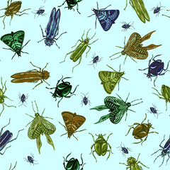 Seamless pattern of beetles, butterflies and moths drawn in gouache. Trending botanical background with various insects. Wild animals in pattern for textiles and typography