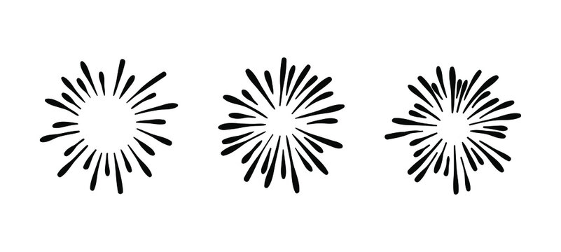 Vector Collection of Hand Drawn Retro Firework Drawings, Black and White Illustration, Doodles - Isolated, Ink Splashes.
