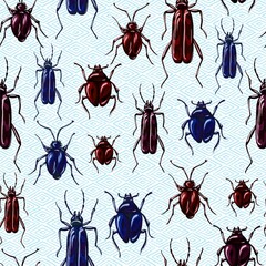 Seamless pattern of beetles drawn in gouache. Trending botanical background with various insects. Wild animals in pattern for textiles and typography