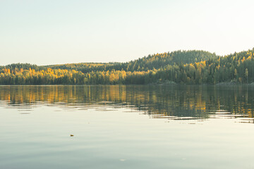 Lake with reflection in sunset light in Isojärvi national park, Finlad