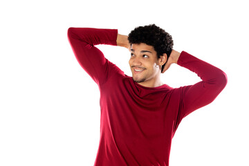Fototapeta na wymiar Cute african american man with afro hairstyle wearing a burgundy T-shirt