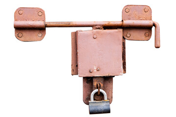 Old rusty garage or gate lock isolated on white background. Architecture, interior, exterior design detale